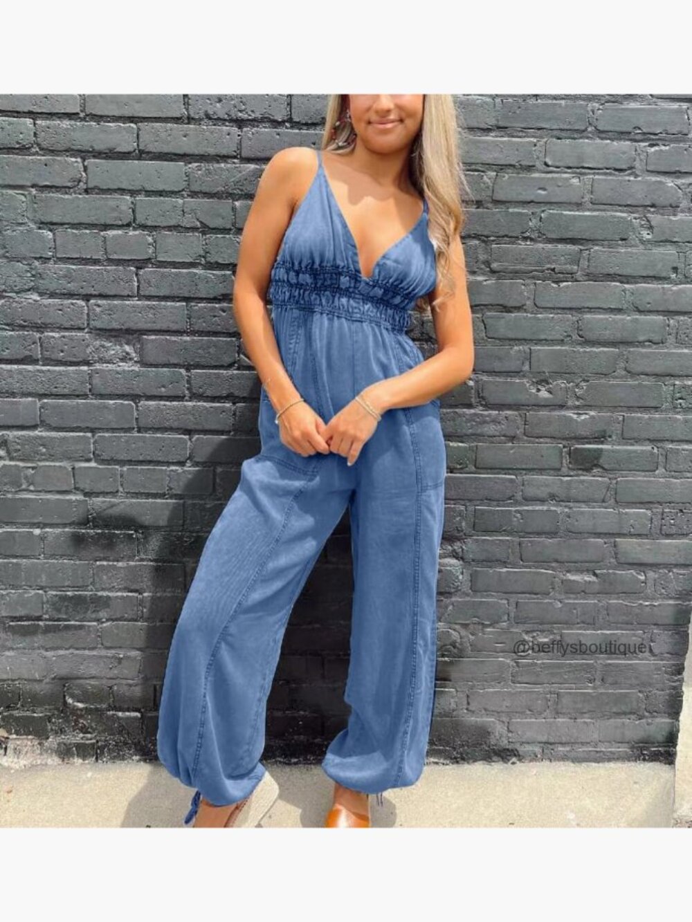 Smocked Elastic Waist Denim Jumpsuit Sleeveless Wide Leg Overall Romper - Picture 5 of 7